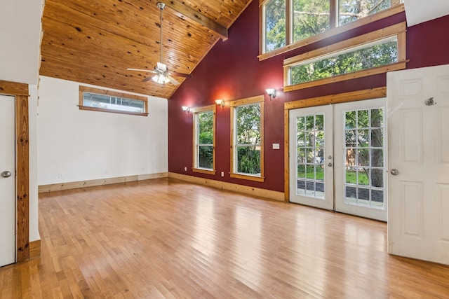 5620 Victor St, Dallas, TX 75214 - spare room with high vaulted ceiling, wooden ceiling with exposed beams, wood finished floors, a ceiling fan, and french doors