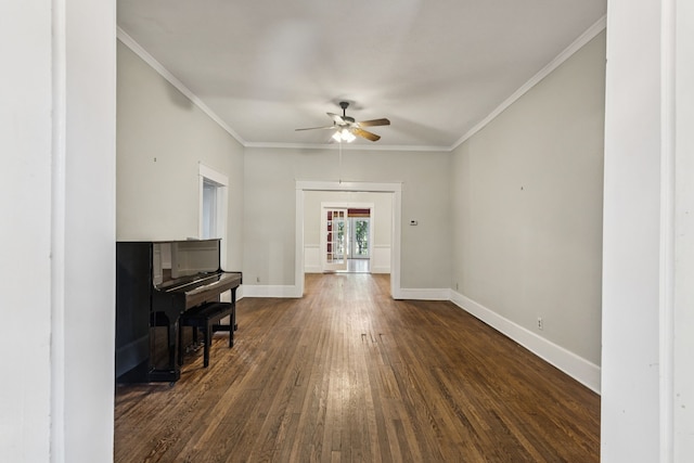 5620 Victor St, Dallas, TX 75214 - living room featuring ceiling fan, dark wood finished floors, baseboards, and ornamental molding