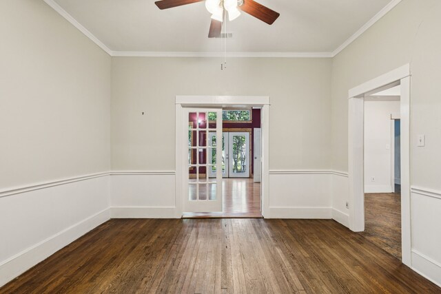 5620 Victor St, Dallas, TX 75214 - empty room featuring hardwood / wood-style flooring, a ceiling fan, crown molding, baseboards, and french doors