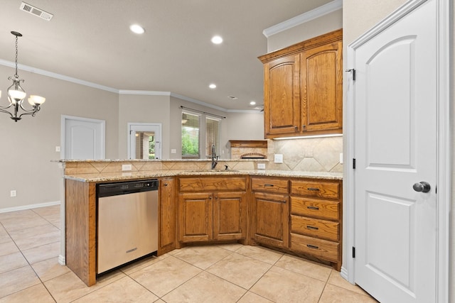 401 Shumard Oak Trl, Keller, TX 76248 - kitchen with dishwasher, crown molding, decorative backsplash, a peninsula, and brown cabinetry