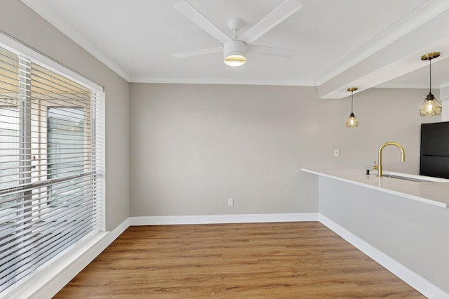 5919 E University Blvd Unit 238, Dallas, TX 75206 - spare room with a ceiling fan, ornamental molding, light wood-style floors, baseboards, and a sink