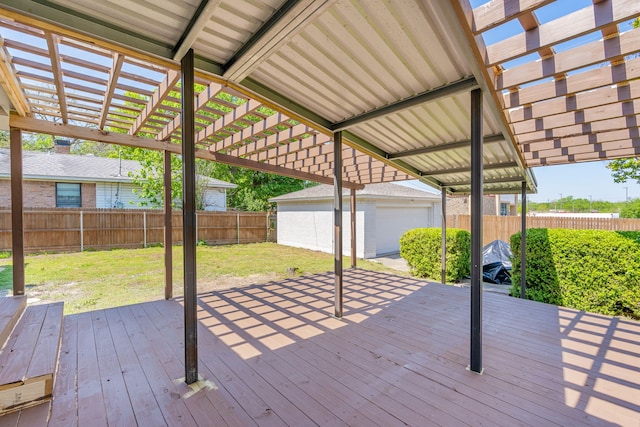 2305 Fenestra Dr, Dallas, TX 75228 - wooden terrace with a pergola, an outbuilding, and a fenced backyard