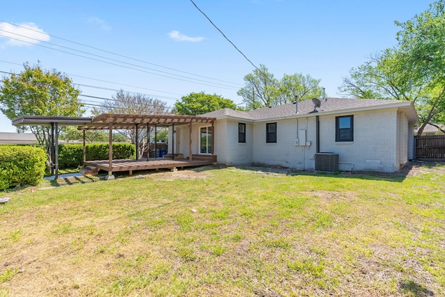 2305 Fenestra Dr, Dallas, TX 75228 - back of house with a pergola, a wooden deck, brick siding, and crawl space