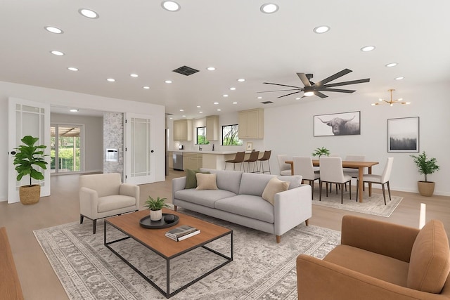 2305 Fenestra Dr, Dallas, TX 75228 - living room featuring recessed lighting, light wood-style flooring, and a ceiling fan