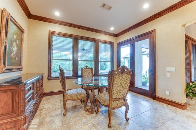 2412 Versailles Dr, Heath, TX 75032 - dining space with ornamental molding, baseboards, and recessed lighting