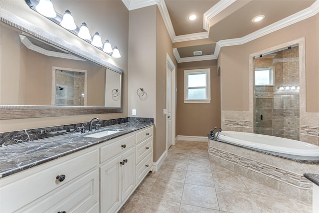 2412 Versailles Dr, Heath, TX 75032 - bathroom featuring a bath, vanity, baseboards, a tile shower, and ornamental molding
