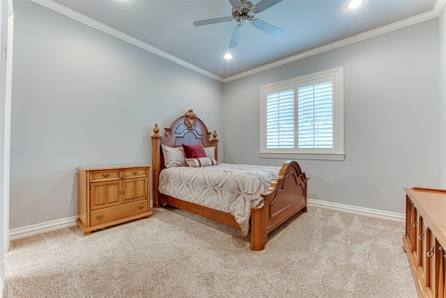 2412 Versailles Dr, Heath, TX 75032 - bedroom featuring light colored carpet, baseboards, recessed lighting, ornamental molding, and a ceiling fan