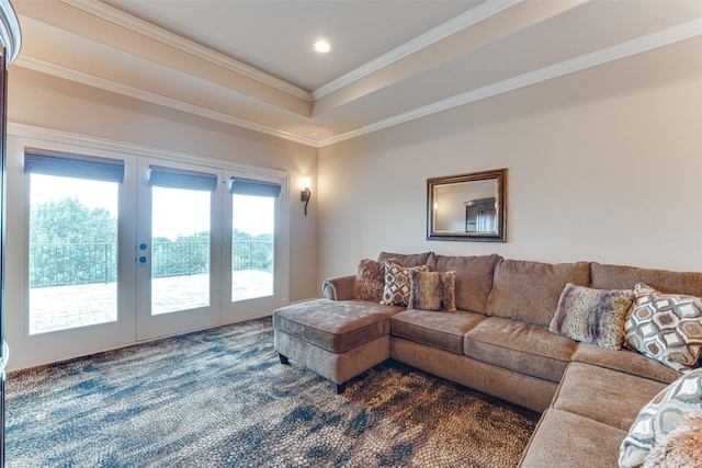 2412 Versailles Dr, Heath, TX 75032 - living area featuring french doors, ornamental molding, dark carpet, recessed lighting, and a raised ceiling