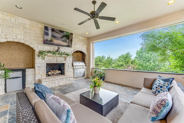 2412 Versailles Dr, Heath, TX 75032 - view of patio / terrace featuring an outdoor living space with a fireplace, grilling area, and a ceiling fan