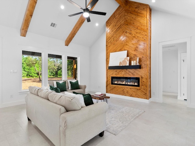 1705 J E, Woody, Springtown, TX 76082 - living area featuring high vaulted ceiling, a ceiling fan, recessed lighting, baseboards, and a glass covered fireplace