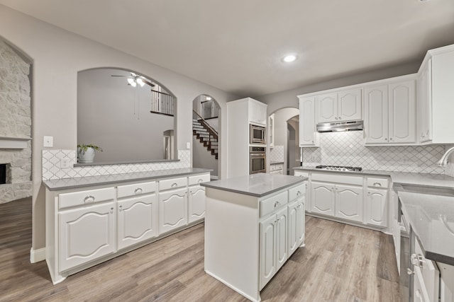 1317 Ocotillo, Fort Worth, TX 76177 - kitchen featuring stainless steel appliances, arched walkways, under cabinet range hood, tasteful backsplash, and white cabinetry