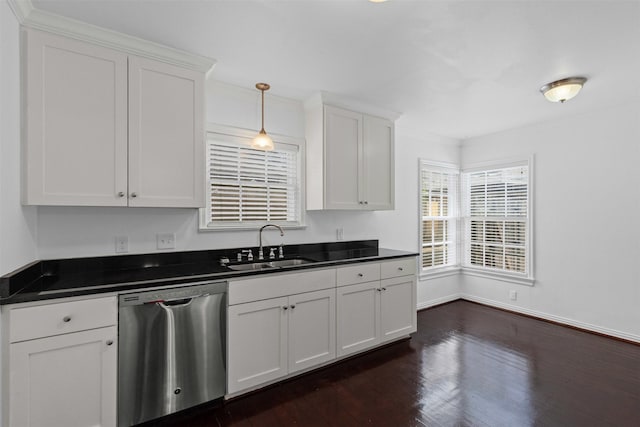3516 Rogers Ave, Fort Worth, TX 76109 - kitchen featuring dishwasher, dark countertops, dark wood-style flooring, a sink, and ornamental molding