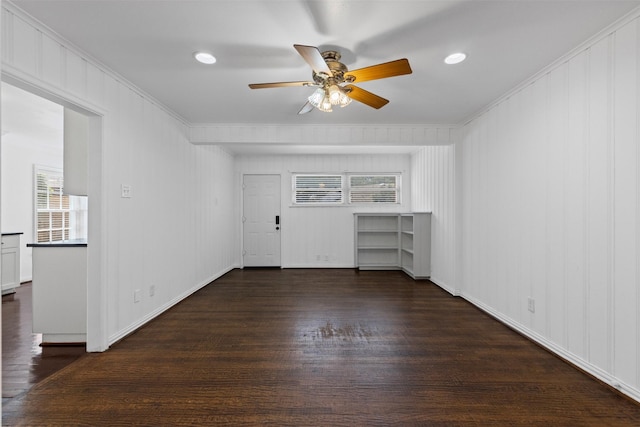 3516 Rogers Ave, Fort Worth, TX 76109 - unfurnished living room with ornamental molding, ceiling fan, dark wood finished floors, and baseboards