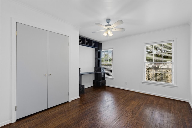 3516 Rogers Ave, Fort Worth, TX 76109 - unfurnished bedroom with ornamental molding, wood finished floors, baseboards, a ceiling fan, and a closet