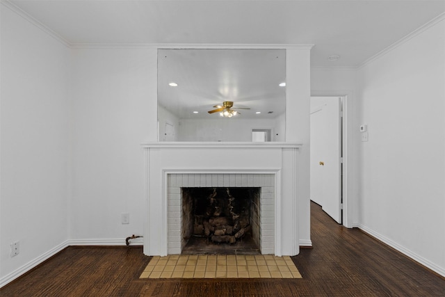3516 Rogers Ave, Fort Worth, TX 76109 - unfurnished living room featuring wood finished floors, a ceiling fan, a fireplace, crown molding, and baseboards
