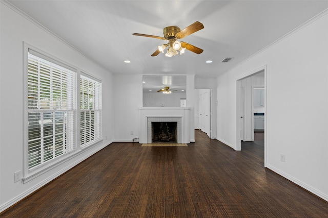 3516 Rogers Ave, Fort Worth, TX 76109 - unfurnished living room with ceiling fan, ornamental molding, a brick fireplace, baseboards, and wood finished floors