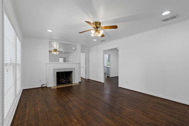 3516 Rogers Ave, Fort Worth, TX 76109 - unfurnished living room featuring a ceiling fan, healthy amount of natural light, a brick fireplace, crown molding, and recessed lighting