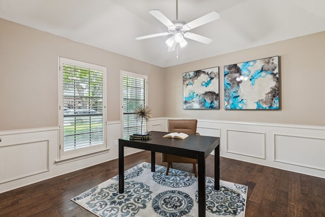 1094 Edith Cir, Richardson, TX 75080 - office space featuring a wainscoted wall, dark wood-style flooring, a decorative wall, and a ceiling fan