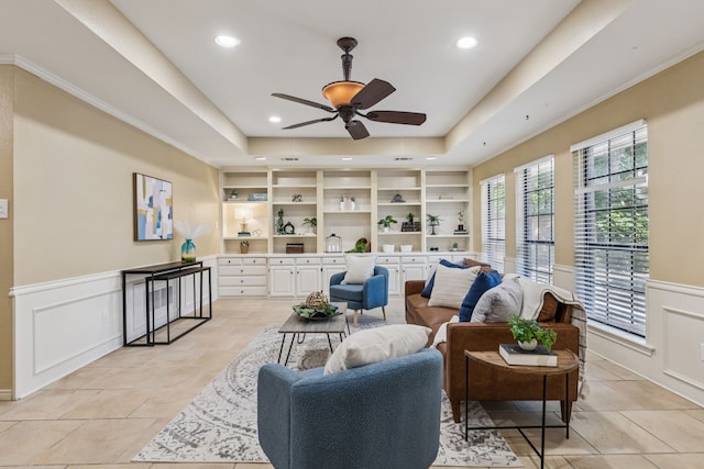 1094 Edith Cir, Richardson, TX 75080 - living room with a raised ceiling, a ceiling fan, a wainscoted wall, recessed lighting, and a decorative wall