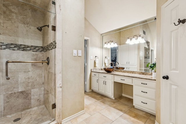 1094 Edith Cir, Richardson, TX 75080 - bathroom with a stall shower, vanity, and lofted ceiling