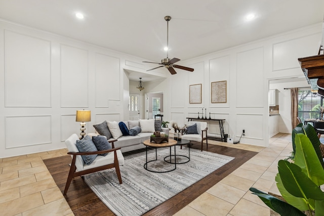 1094 Edith Cir, Richardson, TX 75080 - living area featuring a decorative wall, ceiling fan, light tile patterned floors, and recessed lighting