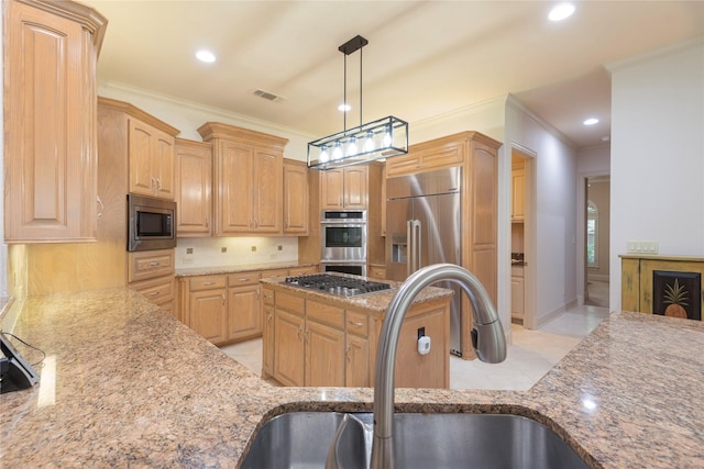 906 Glen Rose Dr, Allen, TX 75013 - kitchen with a sink, appliances with stainless steel finishes, crown molding, light stone countertops, and decorative backsplash