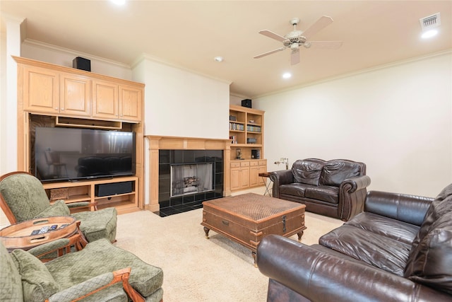 906 Glen Rose Dr, Allen, TX 75013 - carpeted living area with crown molding, ceiling fan, recessed lighting, and a fireplace