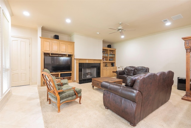 906 Glen Rose Dr, Allen, TX 75013 - living area featuring a fireplace, a ceiling fan, crown molding, recessed lighting, and baseboards