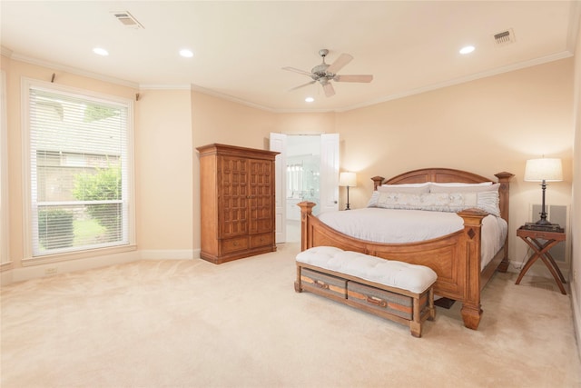906 Glen Rose Dr, Allen, TX 75013 - bedroom featuring recessed lighting, light carpet, ornamental molding, baseboards, and ceiling fan