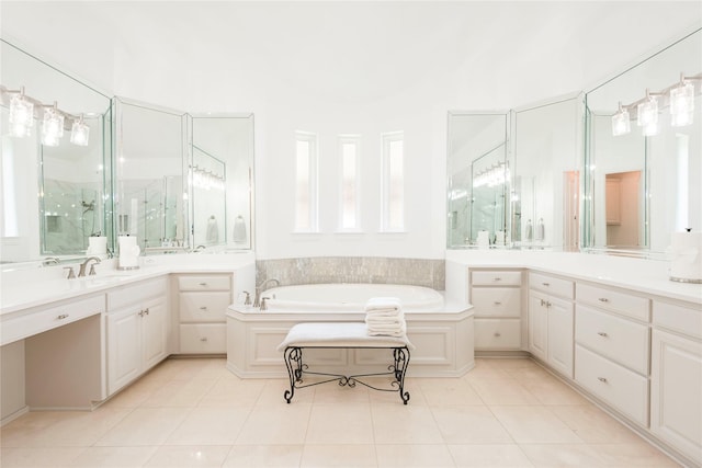 906 Glen Rose Dr, Allen, TX 75013 - bathroom with a bath, tile patterned floors, vanity, and a shower stall