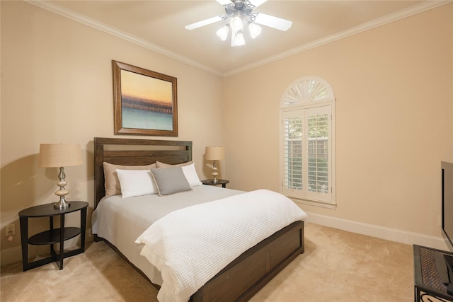 906 Glen Rose Dr, Allen, TX 75013 - bedroom featuring light colored carpet, baseboards, crown molding, and ceiling fan
