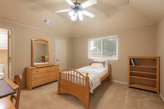 906 Glen Rose Dr, Allen, TX 75013 - bedroom featuring light carpet, vaulted ceiling, ceiling fan, baseboards, and ensuite bathroom