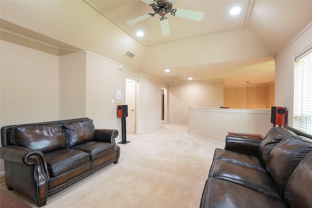 906 Glen Rose Dr, Allen, TX 75013 - living area featuring attic access, vaulted ceiling, ceiling fan, light colored carpet, and crown molding