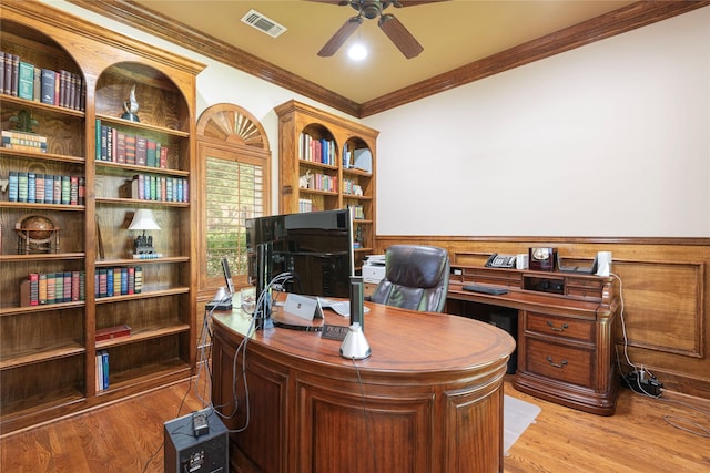 906 Glen Rose Dr, Allen, TX 75013 - home office with a ceiling fan, wainscoting, wood finished floors, and ornamental molding