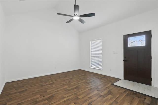 121 Collett Ct, Weatherford, TX 76088 - foyer entrance with dark wood-style flooring, high vaulted ceiling, baseboards, and ceiling fan