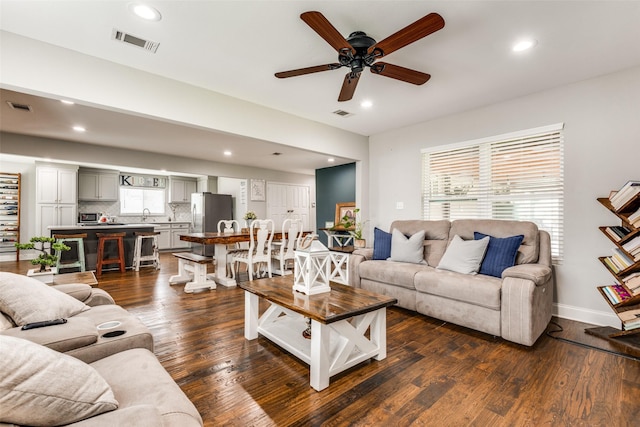 409 N Arizona, Celina, TX 75009 - living area with a ceiling fan, dark wood-type flooring, recessed lighting, and baseboards