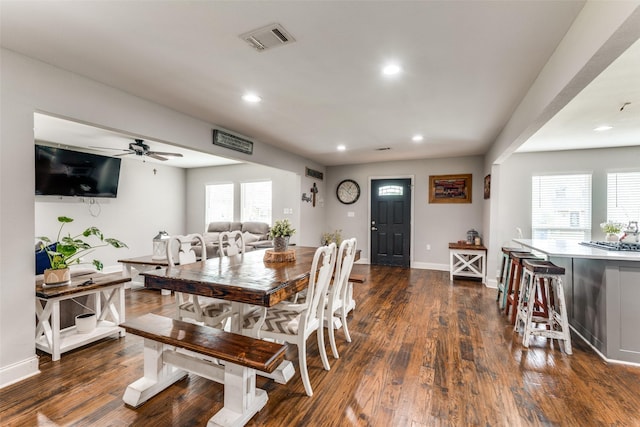 409 N Arizona, Celina, TX 75009 - dining room featuring recessed lighting, plenty of natural light, dark wood-type flooring, ceiling fan, and baseboards