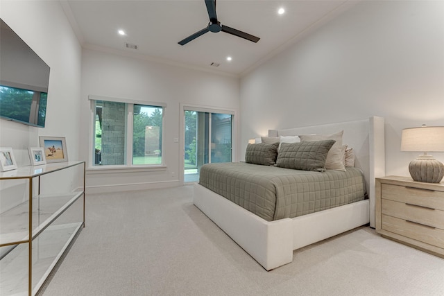121 Sawgrass Dr, Heath, TX 75032 - bedroom featuring access to outside, carpet flooring, ornamental molding, recessed lighting, and a ceiling fan