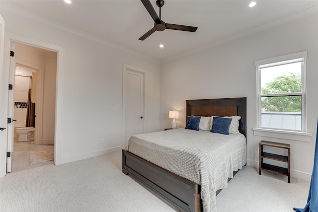 121 Sawgrass Dr, Heath, TX 75032 - bedroom with recessed lighting, light carpet, connected bathroom, and a ceiling fan
