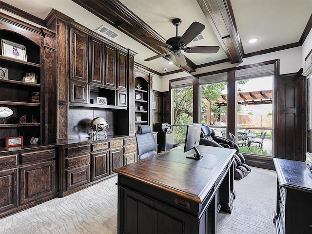 3644 Benchmark Ln, Frisco, TX 75034 - office with light colored carpet, ceiling fan, ornamental molding, and beam ceiling