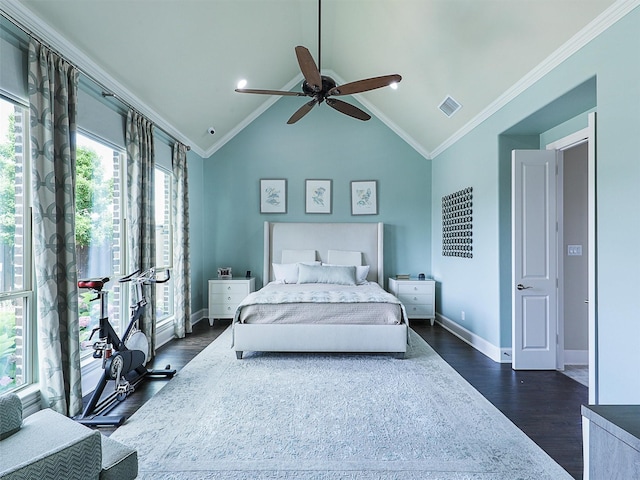 3644 Benchmark Ln, Frisco, TX 75034 - bedroom featuring dark wood finished floors, ceiling fan, crown molding, and high vaulted ceiling