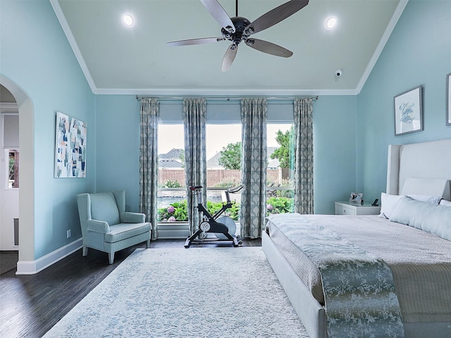 3644 Benchmark Ln, Frisco, TX 75034 - bedroom with lofted ceiling, arched walkways, crown molding, dark wood-style floors, and recessed lighting