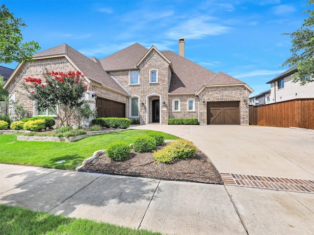 3644 Benchmark Ln, Frisco, TX 75034 - french country style house featuring brick siding, an attached garage, a chimney, concrete driveway, and a shingled roof
