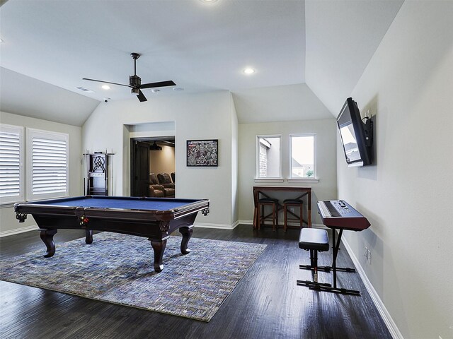 3644 Benchmark Ln, Frisco, TX 75034 - playroom with vaulted ceiling, a ceiling fan, dark wood-style flooring, pool table, and recessed lighting