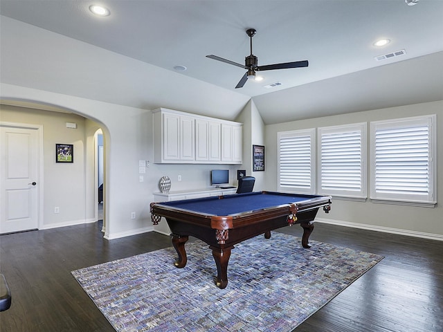 3644 Benchmark Ln, Frisco, TX 75034 - playroom featuring ceiling fan, dark wood finished floors, arched walkways, billiards, and recessed lighting