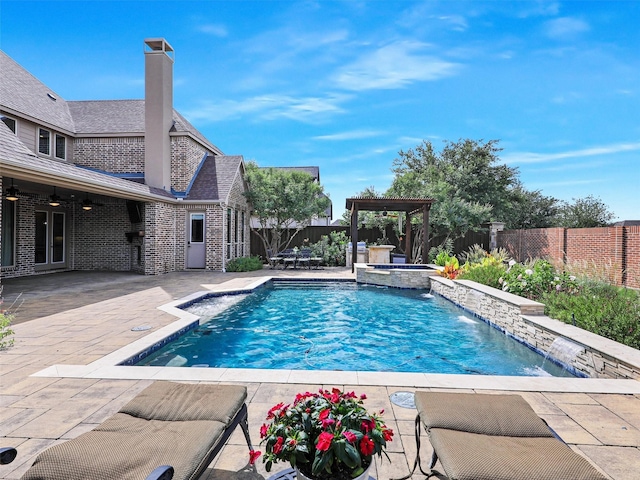 3644 Benchmark Ln, Frisco, TX 75034 - view of swimming pool with a fenced backyard, a ceiling fan, a patio area, a pool with connected hot tub, and a pergola