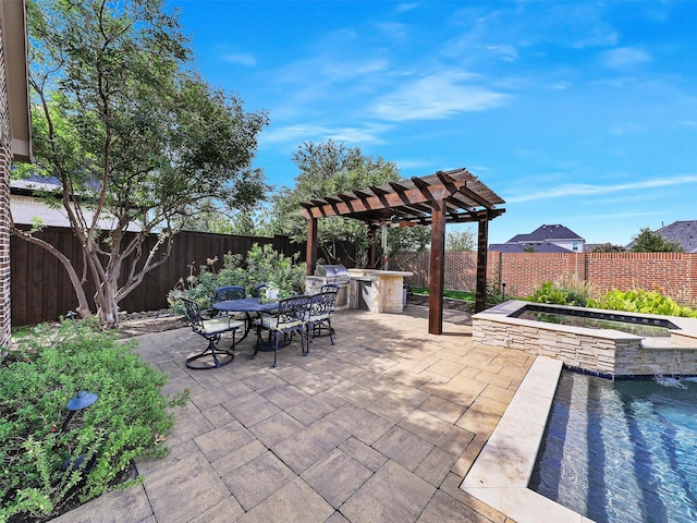 3644 Benchmark Ln, Frisco, TX 75034 - fenced backyard featuring exterior kitchen, a patio, a pergola, outdoor dining area, and a pool with connected hot tub