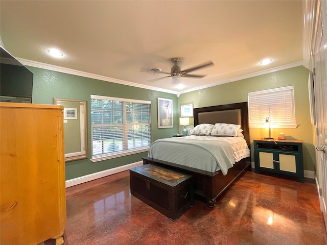 1635 W Pentagon Pkwy, Dallas, TX 75224 - bedroom featuring baseboards, ornamental molding, concrete flooring, a ceiling fan, and recessed lighting