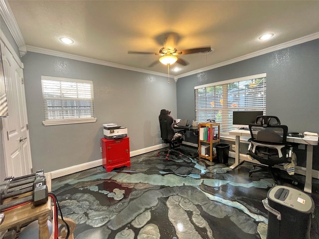 1635 W Pentagon Pkwy, Dallas, TX 75224 - office space featuring ceiling fan, baseboards, ornamental molding, and recessed lighting