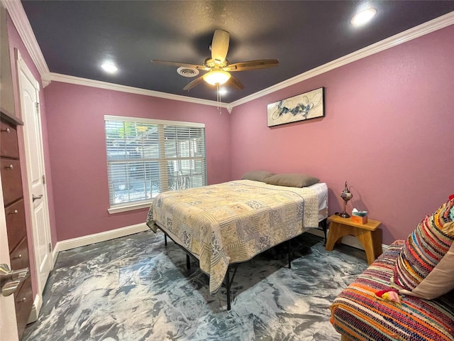 1635 W Pentagon Pkwy, Dallas, TX 75224 - bedroom with ornamental molding, a ceiling fan, and baseboards